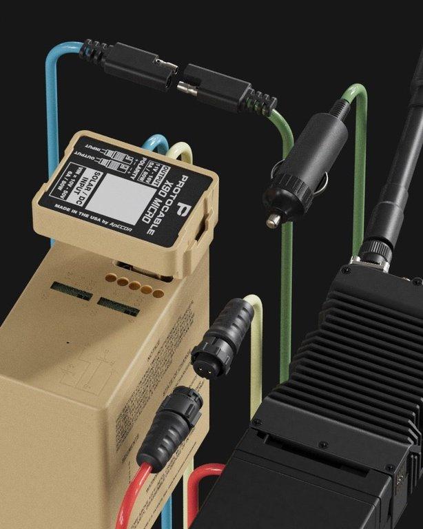 Render of the Austere Solar Solution powering a StreamCaster radio from a BB-2590 with the 2590 top hat