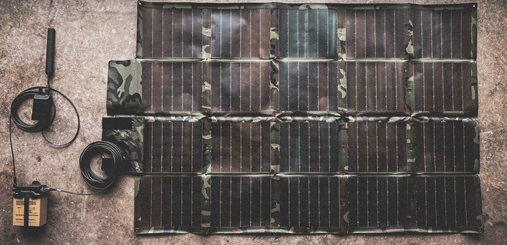 100 W Multicam folding solar panel with 2590 top hat and radio lead